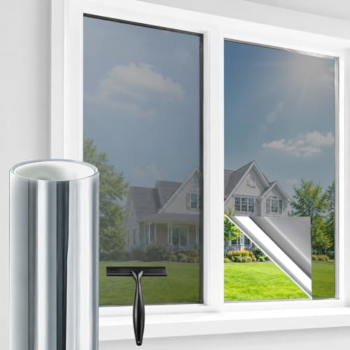 Window Film Privacy, One Way Clear UV Mirror film, Window Tint Film Heat Reflective Sun Blocker for Home Office (Silver, 44.5x200cm)