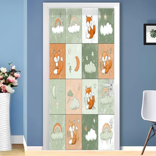 Dörr tapeter självhäftande barnsligt rävmoln dörrposter dörrklistermärken avtagbara vinyl dörrfolie fototapet grön väggmålning vardagsrum sovrum badrum 90 x 200 cm