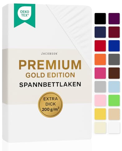 Jacobson Premium Spannbettlaken 200 g/m² Jersey Baumwolle mit Elasthan (120x200-130x200 cm, Weiß)