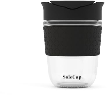 SoleCup. - Reusable Strengthened Glass Travel Cup - Spill Proof Coffee Mug - 12oz/340ml BPA-Free Hot Drink Travel Mug with Lid & Silicone Band (Black, 12oz / 340ml)