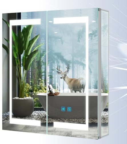 Tokvon® Gemini Spiegelschrank Bad mit Beleuchtung 2 türig spiegelschrank led Wandschrank Licht Aluminium Antibeschlag Rasier Steckdose Touch-Schalter Helligkeit Dimmbar IP44 für Bad 63x65cm