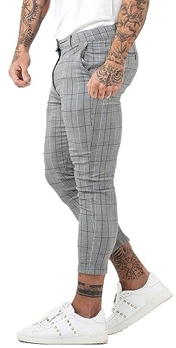 GINGTTO Pantalon Chino Slim Fit Homme Élastique Checkered Stretch Tissu Skinny Carreaux Confortable Gris 28W/30L
