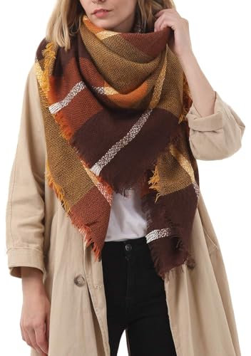 Durio Karoschal Damen Schal Winter Weich Deckenschal Quadratisch Übergroßer Strickschal Kariert Poncho mit Fransen Braun A37