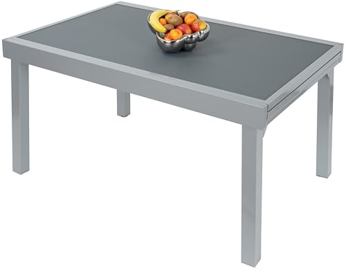 ib style Gartentisch Diplomat XXL, Outdoor Ausziehtisch, Aluminium Esstisch, Balkonmöbel, Gartenmöbel, Tischplatte aus Sicherheits Glas, Ausziehbar, 135-270 cm, Silber Anti Fingerprint