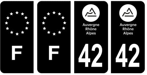 HADEXIA Nummernschild-Aufkleber, französisches Departement 42, Loire Region Auvergne-Rhône-Alpen, Schwarz und F, Frankreich, 4 Stück