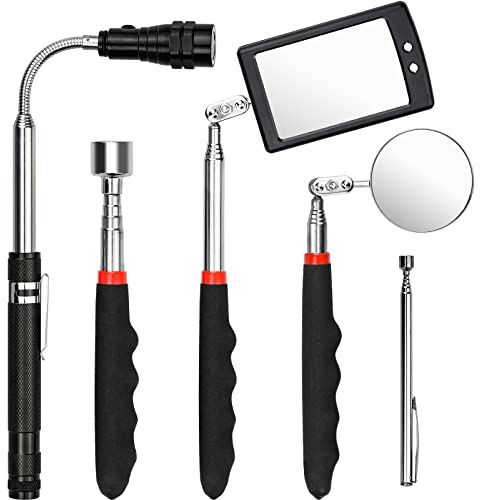 BLUESEABUY 5er Pick Up Tool, Magnetheber Inspektionsspiegel Magnet Teleskop Werkzeug mit LED Taschenlampe, Quadratisch/Runder Inspektionsspiegel und Teleskopgriff 360 Drehbar für Extra Beobachtung