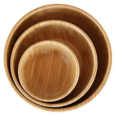 Pandoo Cuencos de Bambú - Juego de Frutero, Ensaladera, Vajilla, Cesta de Frutas, Cuenco de Madera, Decorativos (5 x 14 cm de Diámetro)