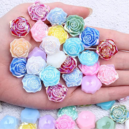 Yurosiay 200 Stück 3D Harz Rosen 18mm Ohne Loch Flache Perlen Rosen Mini Kamee Cabochon Rosen DIY Blumen Perlen Mit Flacher Rückseite Halbrunde Perlen Rosen Charms für DIY Basteln Bunt