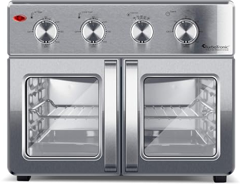 TurboTronic digitaler Heißluftofen - XXL 32 Liter mit Drehspieß für Hähnchen 4in1 Mini Backofen & Power Heißluftfritteuse Airfryer ab 80°C