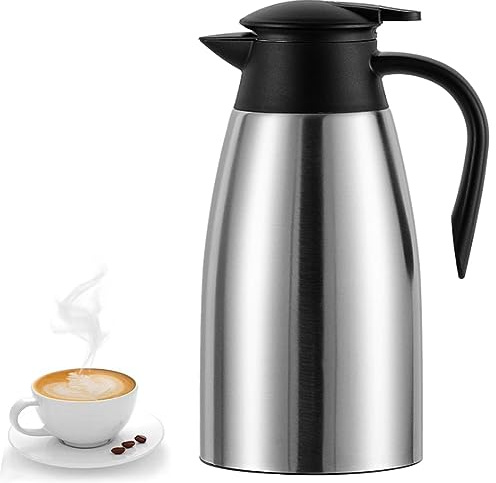 70 Oz Insulated Thermal Coffee Carafe Stainless Steel Double Walled Vacuum Coffee Thermos, Hot Water, Tea, Hot Beverage Dispenser, Keep 24 Hour Heat Retention/12 Hour Cold Retention (Sliver, 2L)