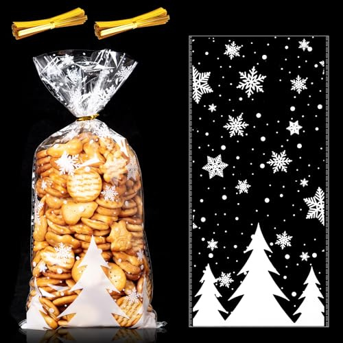MELLIEX 100 Stück Schneeflocke Weihnachten Plätzchentüten, Transparent Cellophantüten Weihnachten Süßigkeiten Tüten, Candy Bar Tüten mit Twist Krawatten