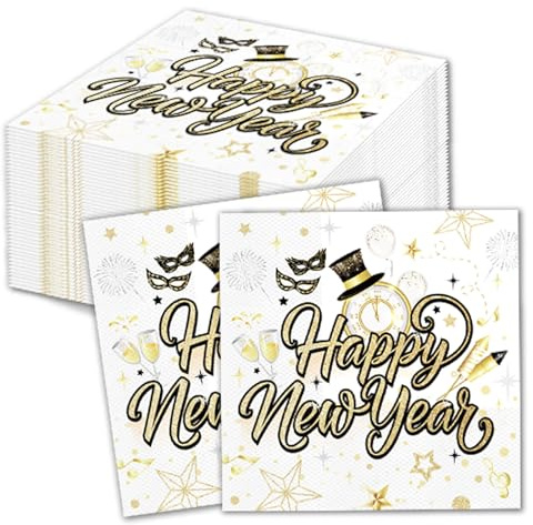 HOWAF 40 Stück Servietten Silvester Deko 2026, Happy New Year Servietten Neujahr Papierservietten Tissue Silvester Tischdeko für Neujahrsdeko, 33x33 cm, Weißgold