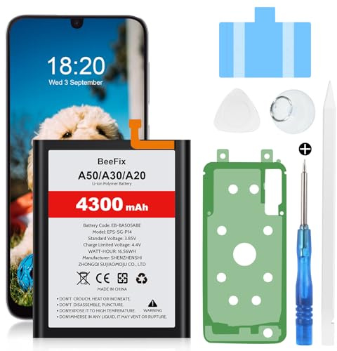 Batterie pour Samsung Galaxy A50 (A505F), A50s (A507F), A30s (A307F), A30 (A305F), A20 (A205F), 4300mAh Lithium-polymère Batterie EB-BA505ABE avec Outils de réparation Professionnels
