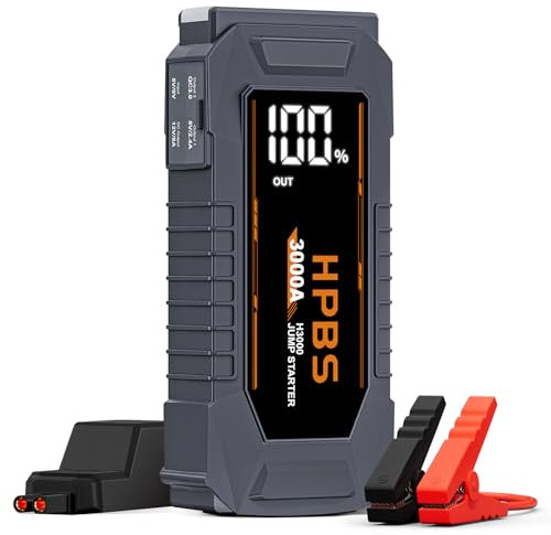 HPBS Starthilfe Powerbank 3000A 12V,Jump Starter für bis zu 10L Benzin und 8L Dieselmotor,Tragbare Auto Starthilfe mit 3 Zoll Großem LCD-Bildschirm/USB