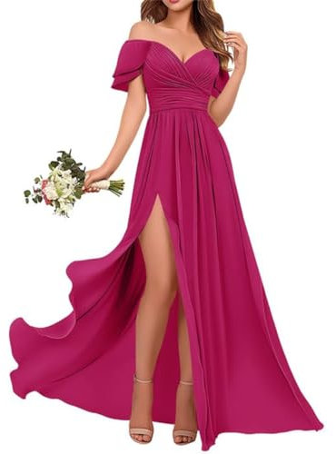 WSEYU Vestidos de dama de honor con hombros descubiertos, cuello en V, vestido de invitada de boda con abertura plisada, fucsia, 56