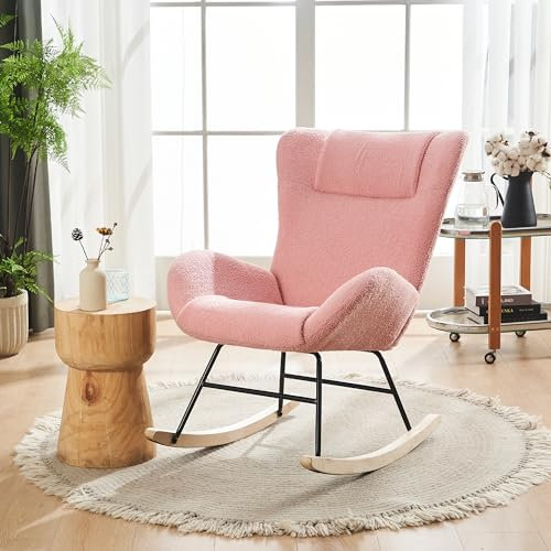 IDEASY Gepolsterter Schaukelstuhl, Bequemer Teddy-Gleiter-Schaukelstuhl mit Massivholzbeinen und hoher Rückenlehne, Schaukelsessel für Wohnzimmer, Schlafzimmer (Rosa)