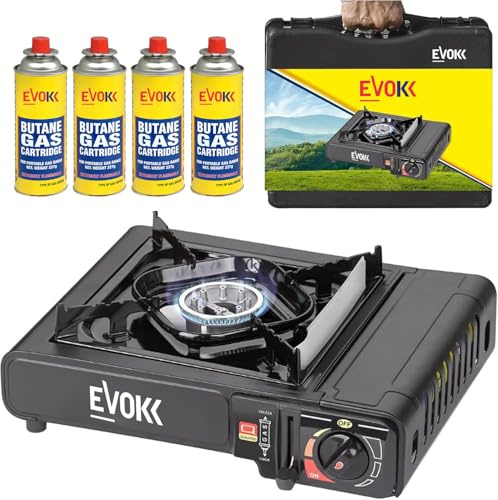 EVOKK Portable Gas Camping Stove with 4 Butane Canisters & Stove Case - Premium Camping Portable Gas Stove with Automatic Ignition and Heat Control - Gas Cooker and Camp Stove for Outdoor Cooking