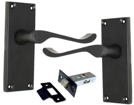 Matt Black Scroll Door Handle Set with Tubular Latches - Victorian Style Internal & External Lever Door Handles with Backplate. Sets 1