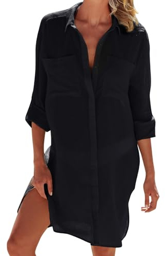 Figarge Strandkleid Damen Bikini Cover Up Sommer Pareos Sommerkleid Damen Strand Vertuschen Shirt Button-Down Strandponcho Longbluse (DE/NL/SE/PL, Alphanumerisch, L, Regular, Regular, Schwarz)