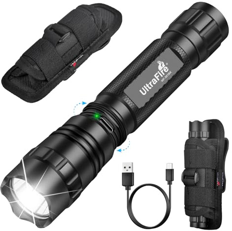 UltraFire Taktische Taschenlampe Wiederaufladbare mit Holster, 1000 Lumen LED Taschenlampe mit Gürteltasche, 3 Modi Dienst-Taschenlampe für Polizei, Sicherheitsdienst, Camping, Outdoor, WF-501BX