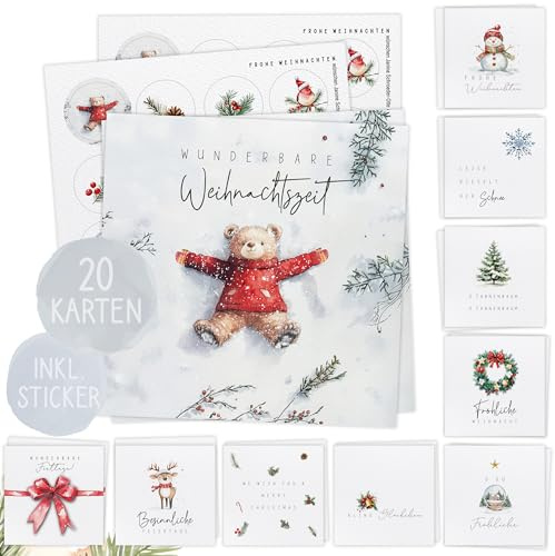 TOBJA XXL Weihnachtskarten Set mit Stickern - große festliche Weihnachtskarten (14,8 x 14,8 cm) in verschiedenen Designs, inkl. Stickerbogen. Postkarten Weihnachten im edlen Stil. (20 Stück im Set)