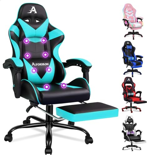 ALFORDSON Gamer-stol, spelstol med infällbart fotstöd, racingfåtölj med 8 massagepunkter, 150° lutning, ergonomisk kockfåtölj, PU-läder, höjdjusterbar, 180 kg lastkraft, cyan