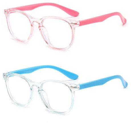 YNR 2 Pcs Blue Light Blocking Glasses for Boys & Girls,Children's TV Gaming Computer Glasses Anti Eyes Strain,Eyeglasses Anti UV Glare Glasses with Blue Light Filter for Kids,Pink & Blue
