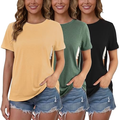 Love2Mi 3er/4er Set Stillshirt mit verstecktem Reißverschluss Stillöffnung kurzen Umstandstop Stillen T-Shirt für Schwangere