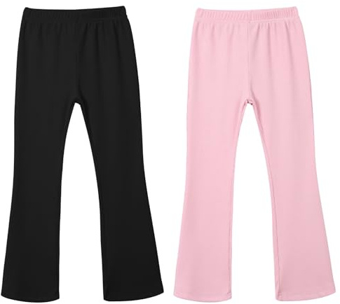 Valcatch 2 Pack Girls Leggings Stretch Ribbed Flare Pants Elastic High Waisted Dance Yoga Tights Toddler Kids Teens Solid Color Bell Bottom Trousers Casual Activewear Pants (Black,Pink, 9-10Y)