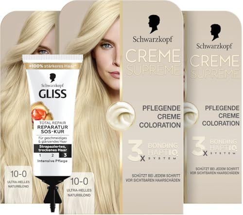 Schwarzkopf Creme Supreme Coloration 10-0 Ultra-Helles Naturblond (3x 182 ml), dauerhafte Haarfarbe mit Serum und Haar-Maske & SOS-Intensiv-Kur Total Repair (15 ml), Haarkur mit Keratin