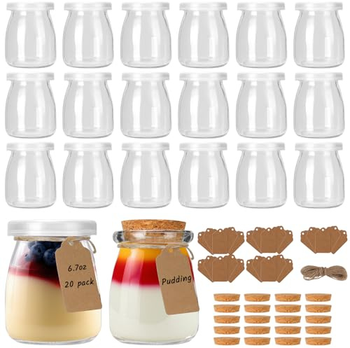 CulnCraz 190 ml Joghurtgläser mit PE-Deckeln und Kork, 20 Pack transparente Dessertgläser, kleine Marmeladengläser mit Label-Tags und Schnur, Puddinggläser für Gelee, Honig, Tiramisu, Mousse, Müsli