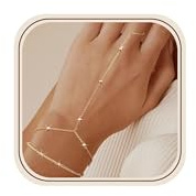 Roheafer Pulseras de cadena de mano de oro para mujer, 2 piezas, ajustables, con anillo de dedo apilado, delicadas cadenas de mano chapadas en oro de 14 quilates con cuentas en capas, 16.5 cm, Cobre