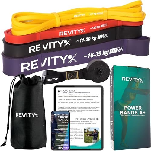 Revity Widerstandsbänder Krafttraining, Fitnessbänder 4er Set mit Türanker | Trainingsanleitung als PDF, Tragetasche, Klimmzug Bänder aus 100% Naturlatex, Reißfest und Langlebig für Training
