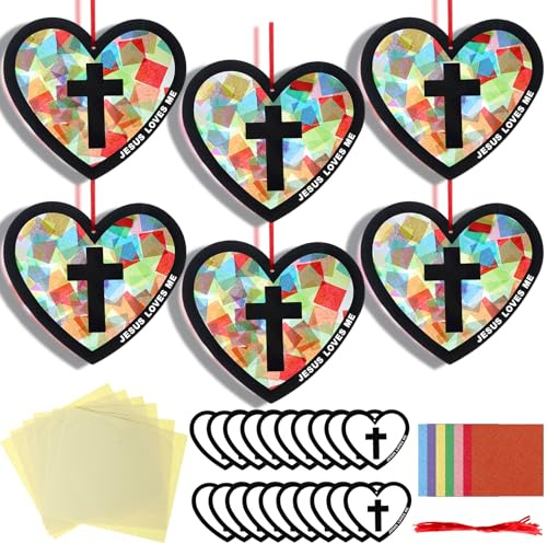 Motipuns 32 Sets Heart Cross Suncatchers Craft Kits DIY Christian Religious Church VBS Craft Jesus Loves Me Stained Glass Effect Tissue Paper Kit for Sunday School Resurrection Window Art