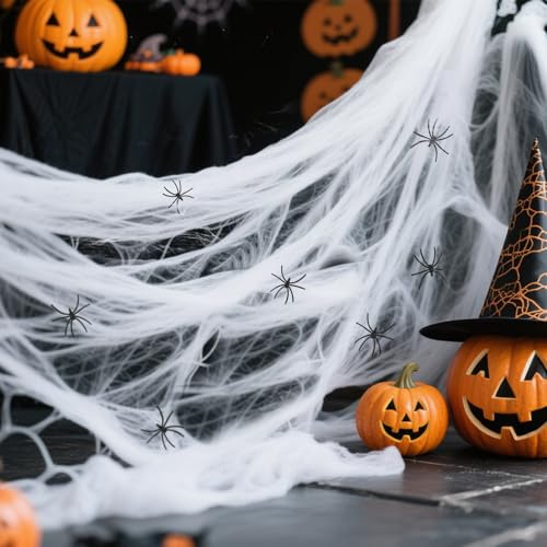 HOMIKLSA Decorazioni Halloween Ragnatela – 300g Rete Estensibile con 50 Ragni Finti, per Interni ed Esterni, Giardino, Casa Stregata, Festa – Atmosfera Spaventosa Garantita