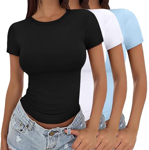 Confezione da 3 magliette a maniche corte da donna a girocollo t-shirt basic elasticizzata aderente estiva crop top slim fit Y2K camicetta base comoda doppia fodera top elasticizzato stretto crop