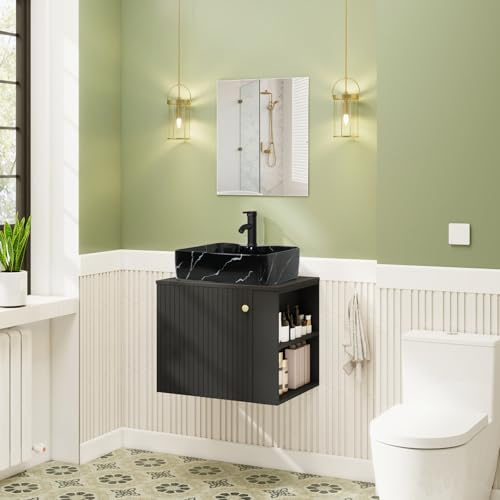 YU YUSING Ensemble de Meubles de Salle de Bain Rangement 60cm avec Miroir et Lavabo, 2 Étagères, Armoire Rangement 1 Porte, Meuble sous Lavabo Suspendu, Vasque à Poser, Ensemble Robinets(Noir)