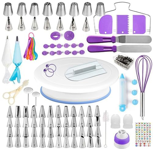Torten-Zubehör-Set 137-teilig mit Drehteller – lila | 137-teiliges Torten-Zubehör-Set – mit drehbarer Tortenplatte, Kuchenschaber & Spritztüllen, ideal für Anfänger & Profis