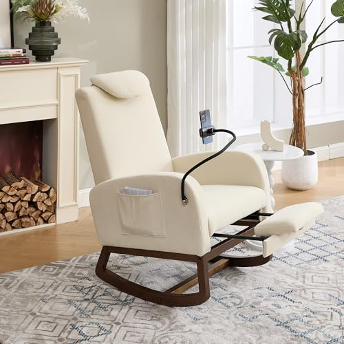 Arhatreya Fauteuil à bascule multifonction avec appui-tête et dossier haut, poche latérale, chaises avec support pour téléphone portable, repose-pieds extensible, cadre en bois solide, tissu côtelé