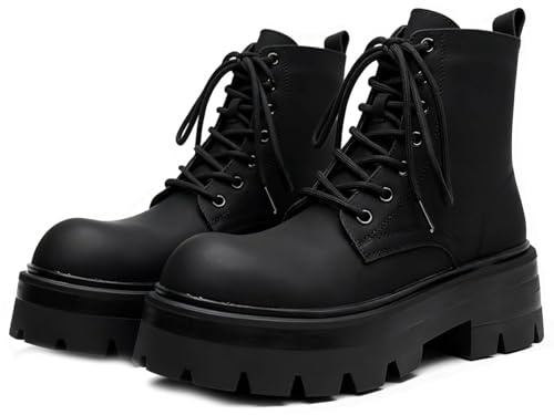 CrazySavage Men's Black Leather Lace-up Platform Combat Boots Wide Toe Side Zipper Chunky Heel Lug Sole Ankle Booties Comfort High Top Waterproof Biker Boots (Black Plus Velvet,5)