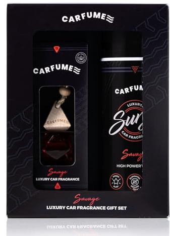 Carfume Savage Car Air Freshener Gift Set | Limited Edition Scent | Fresh Bergamot & Woody Ambergris Fragrance - Hanging Diffuser & Surge Can - Luxury Red Car Accessory Gift For Men