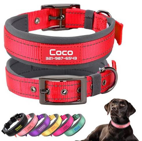 Personalisiertes Hundehalsband mit weicher Neopren‑Polsterung，Rot | Personalisiertes Hundehalsband mit Haustiernamen und Telefonnummer, geeignet für kleine, mittlere und große Hunde