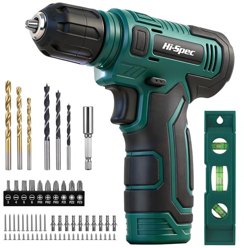 Hi-Spec 8V Batteridrillsats Skruvdragare Set med Tillbehör, Slagborr, LED-ljus - För borrning och skruvning i hemreparation, Grön
