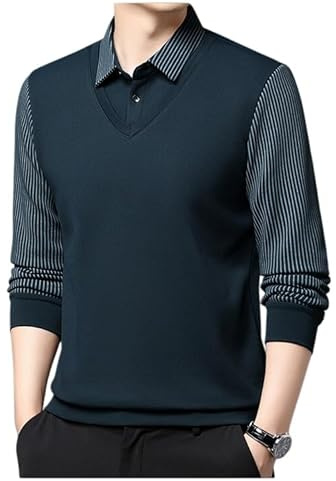 Chemise à manches longues rayée à revers pour homme, chemise décontractée d'affaires, chemise en tricot 2 pièces pour homme, bleu, XXL