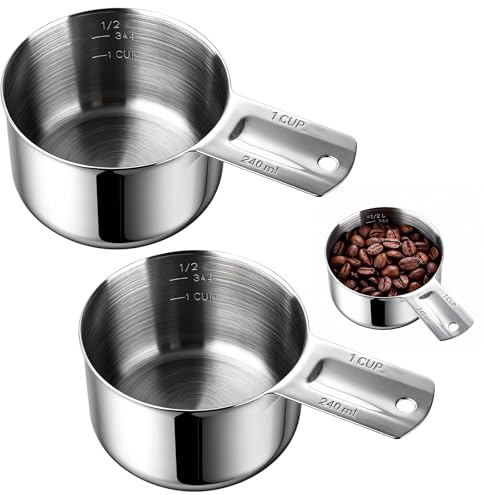 CAIYUANGUANGJIN 2Pcs 1 Cup/240ml/8oz Stainless Steel Measuring Cups, Dishwasher Safe Wet Dry Food Scoop Cup Measures for Cooking Baking Pet Food Rice Kitchen Cocktail Espresso Liquid Measurement