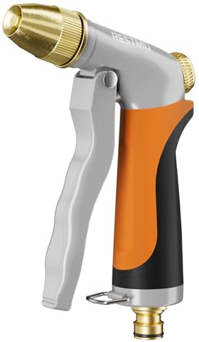 RESTMO Gartenbrause Metall, Gartenspritze Messingdüse, Handbrause Garten | Einstellbarer Wasserfluss mit Kontinuierlicher Sperrfunktion für Gartenbewässerung, Autowäsche, Gehwegreinigung - Orange
