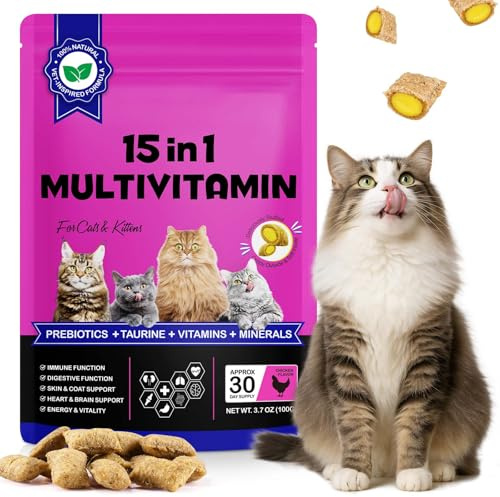Daily Essential Vitamins for Cats - 15-in-1 Multivitamin Soft Chews with Taurine, Omega Fatty Acids, Prebiotics & Green-Lipped Mussel for Immune, Digestion, Joint Support - Chicken Flavor