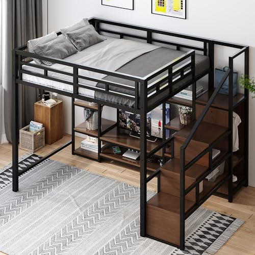 Mrwoo Kinderbett Hochbett 140×200 mit TV-Ständer, Steckdose und Lagerregale, Etagenbett mit Stauraum, Stauraumtreppe mit integrierter Kleiderschrank, Metall-Holz, schwarz (Ohne Matratze)