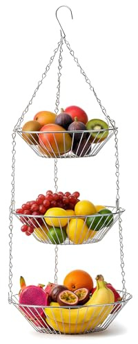 Tinsellns Cesta de Fruta Colgante de Acero Inoxidable, Cesta de Fruta Colgante de Metal con Gancho, H x D: 74 x 28 cm, Frutero, Ideal para Almacenar Frutas, Verduras, Pan y Alimentos