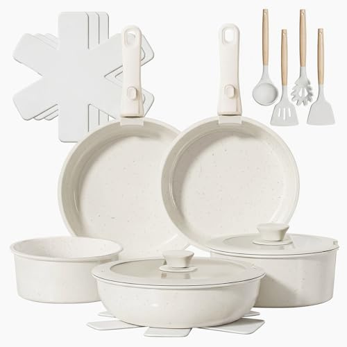 ASNEWS 17 Pcs Ceramic Pots and Pans Set Non Stick, Detachable Handle Cookware Sets, Induction Kitchen Essentials for Home & RV, Non-Toxic PFAS & PFOA Free, Space Saving Stackable Cooking Set